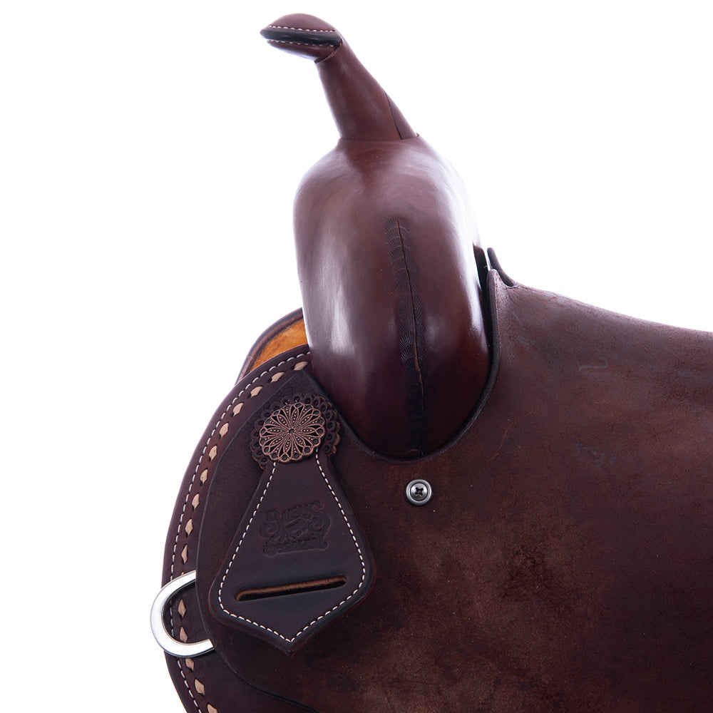 1/2 Chocolate SO/RO Barrel Saddle- Round- Natural Buckstitch Skirt and Binding- Cheyenne