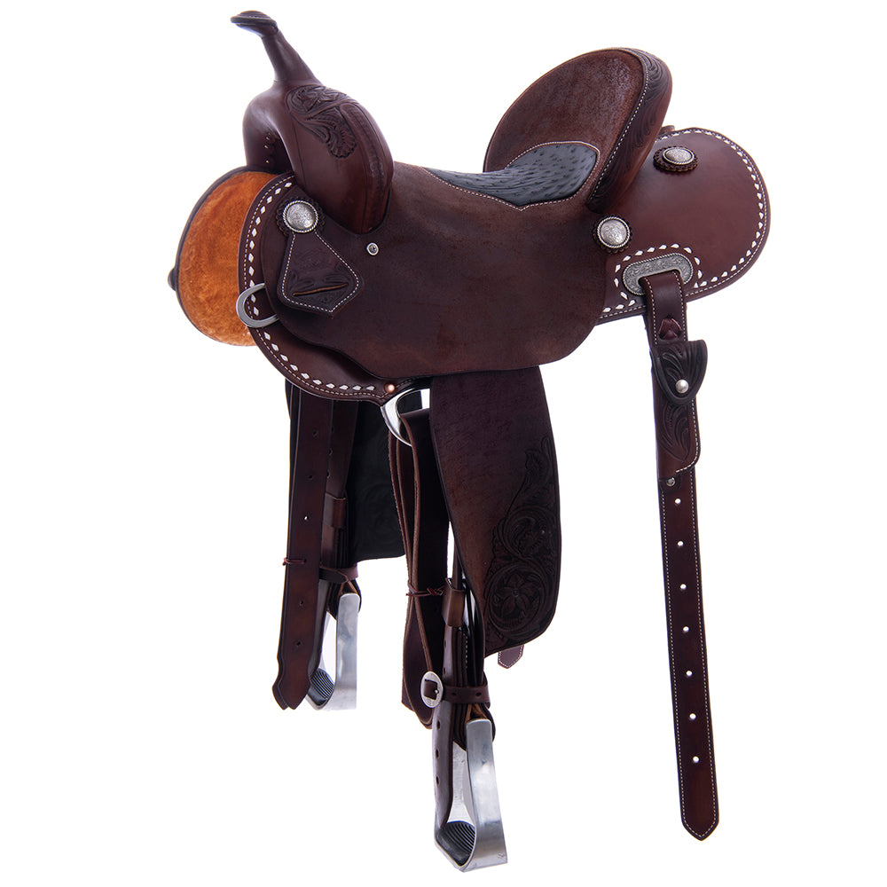 Barrel Saddle - Chocolate Leather, Smooth/Roughout, Round Skirt, 1/8 D Daisy, White Buckstitch Skirts, Cheyenne, Navy Ostrich Inlay