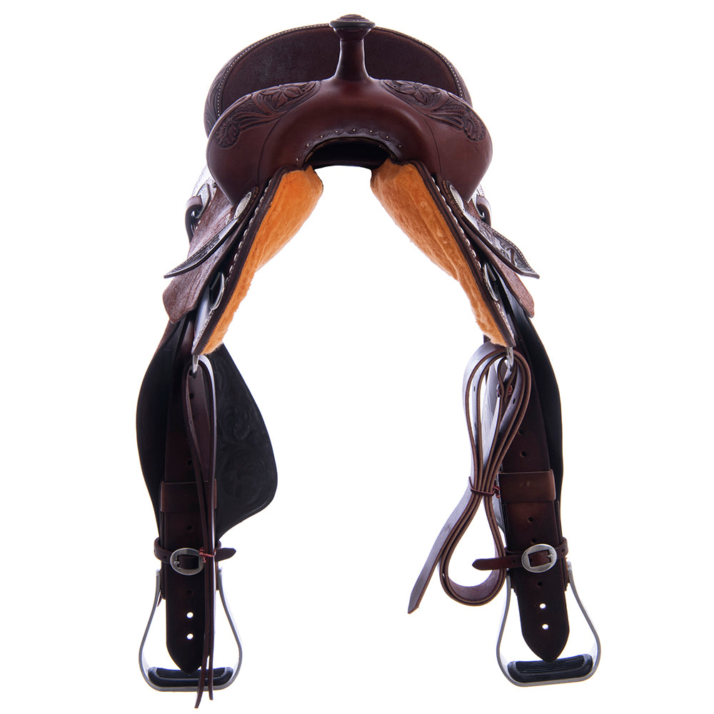 Barrel Saddle - Chocolate Leather, Smooth/Roughout, Round Skirt, 1/8 D Daisy, White Buckstitch Skirts, Cheyenne, Navy Ostrich Inlay