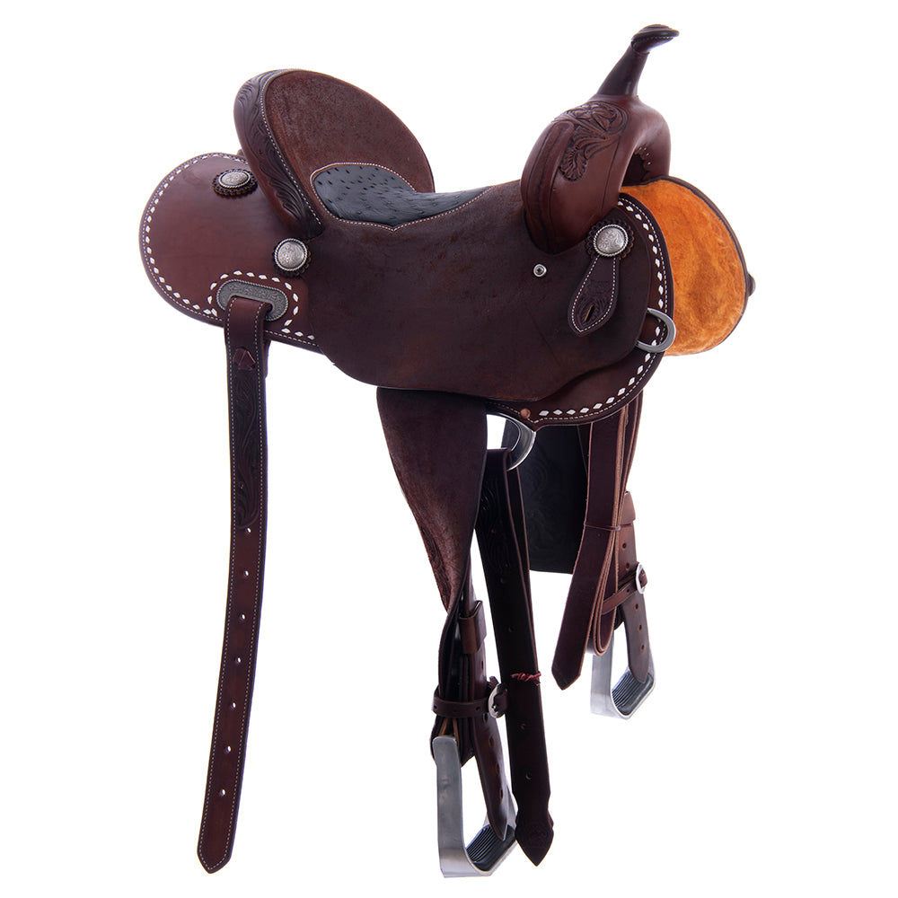 Barrel Saddle - Chocolate Leather, Smooth/Roughout, Round Skirt, 1/8 D Daisy, White Buckstitch Skirts, Cheyenne, Navy Ostrich Inlay
