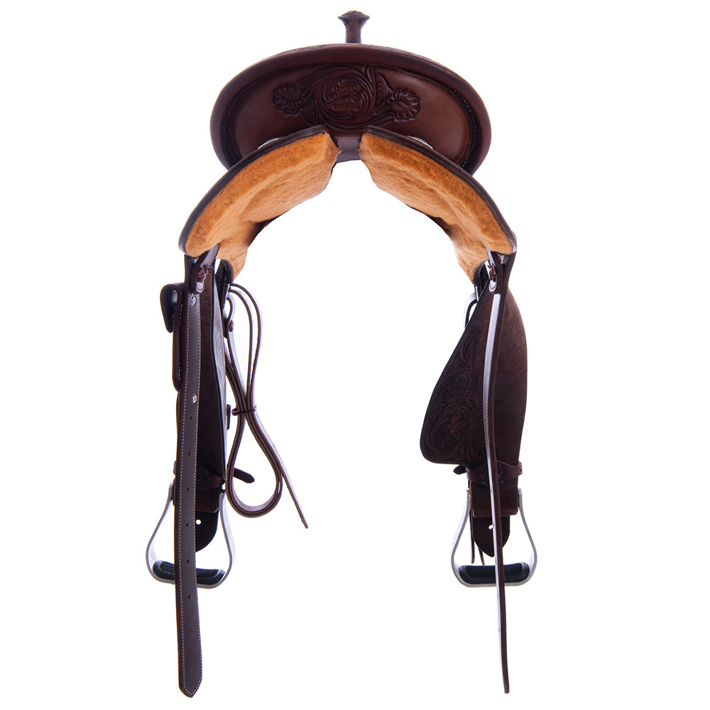 Barrel Saddle - Chocolate Leather, Smooth/Roughout, Round Skirt, 1/8 D Daisy, White Buckstitch Skirts, Cheyenne, Navy Ostrich Inlay