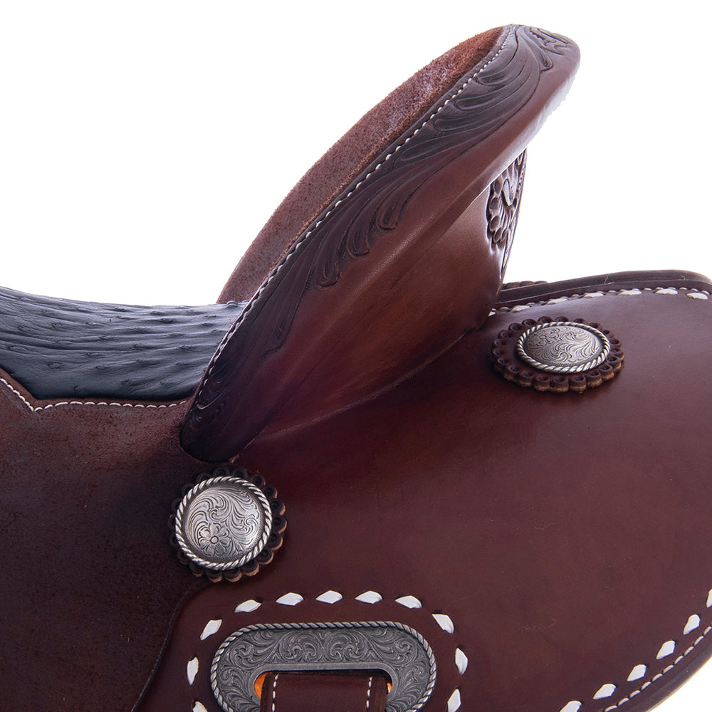 Barrel Saddle - Chocolate Leather, Smooth/Roughout, Round Skirt, 1/8 D Daisy, White Buckstitch Skirts, Cheyenne, Navy Ostrich Inlay