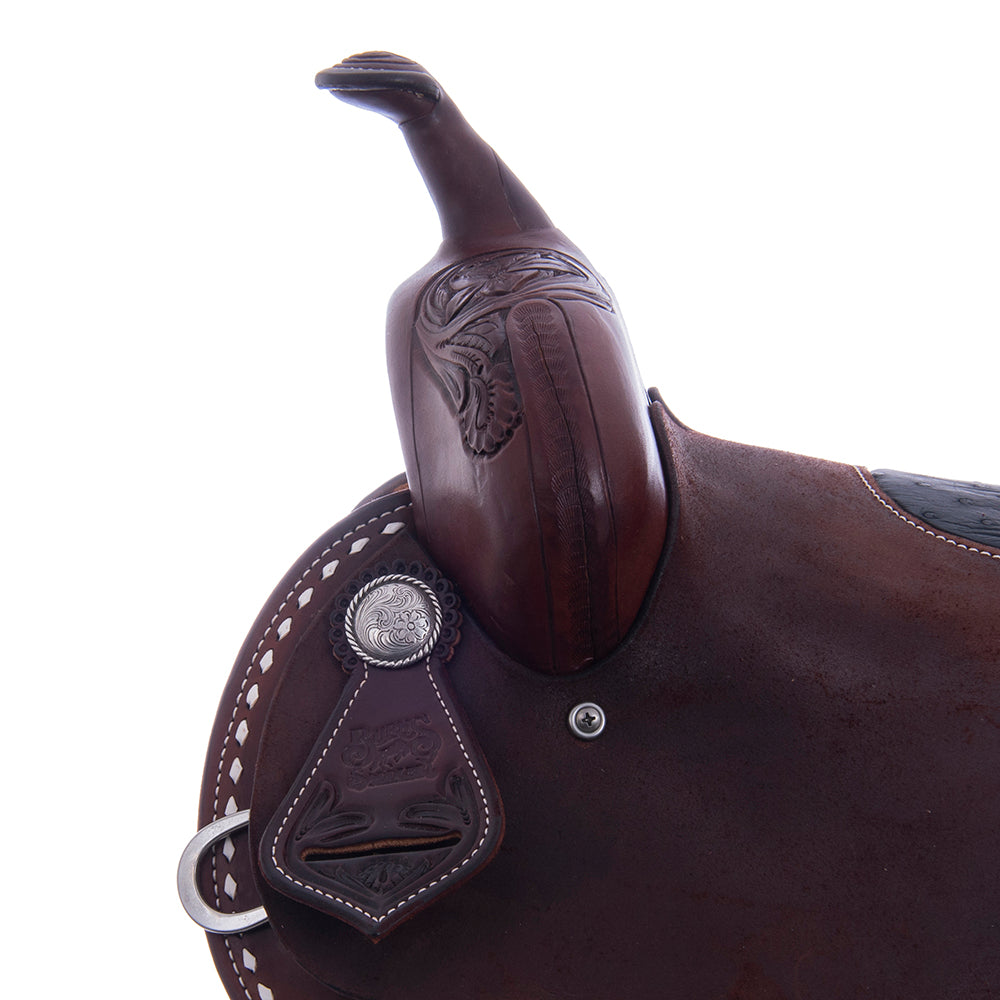 Barrel Saddle - Chocolate Leather, Smooth/Roughout, Round Skirt, 1/8 D Daisy, White Buckstitch Skirts, Cheyenne, Navy Ostrich Inlay