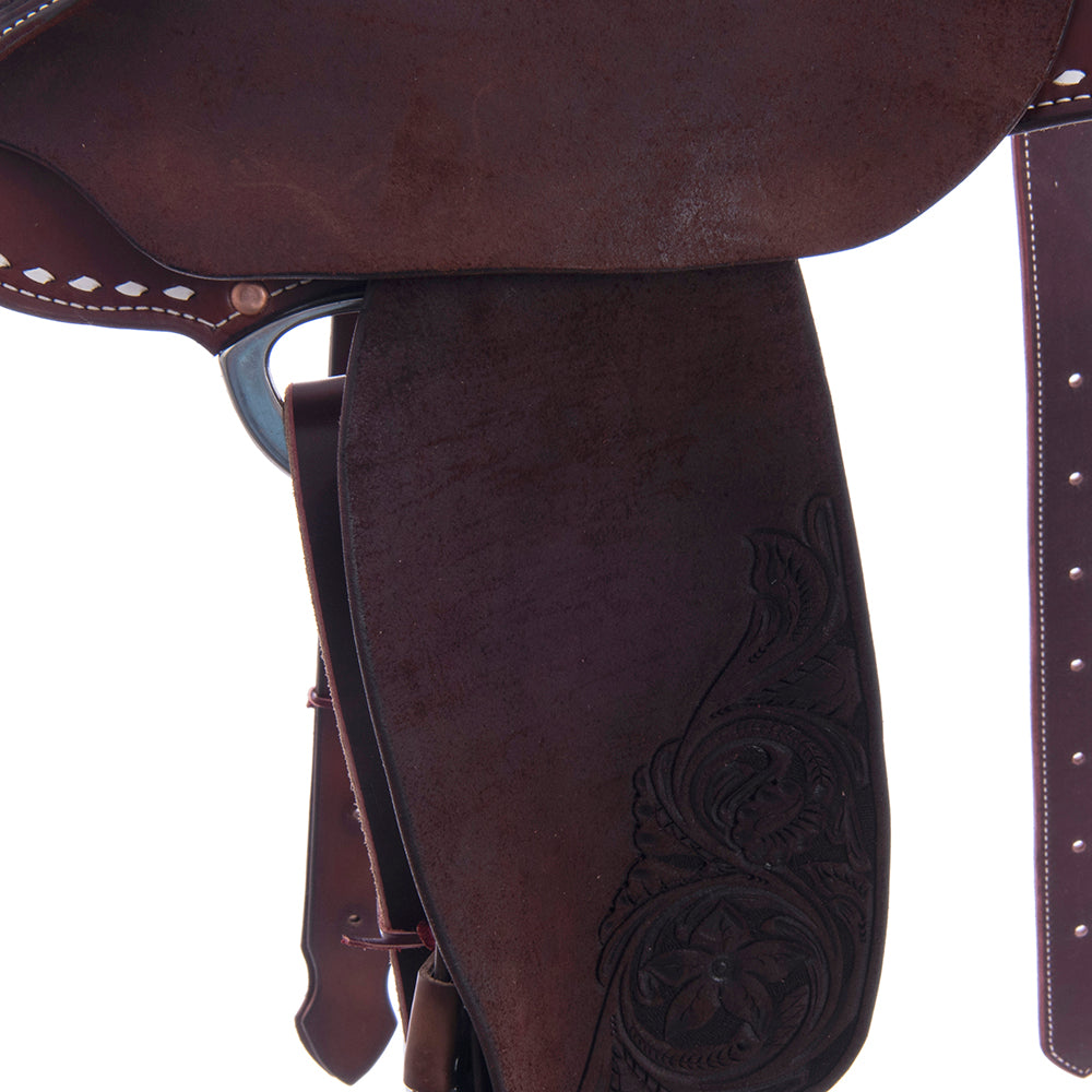 Barrel Saddle - Chocolate Leather, Smooth/Roughout, Round Skirt, 1/8 D Daisy, White Buckstitch Skirts, Cheyenne, Navy Ostrich Inlay