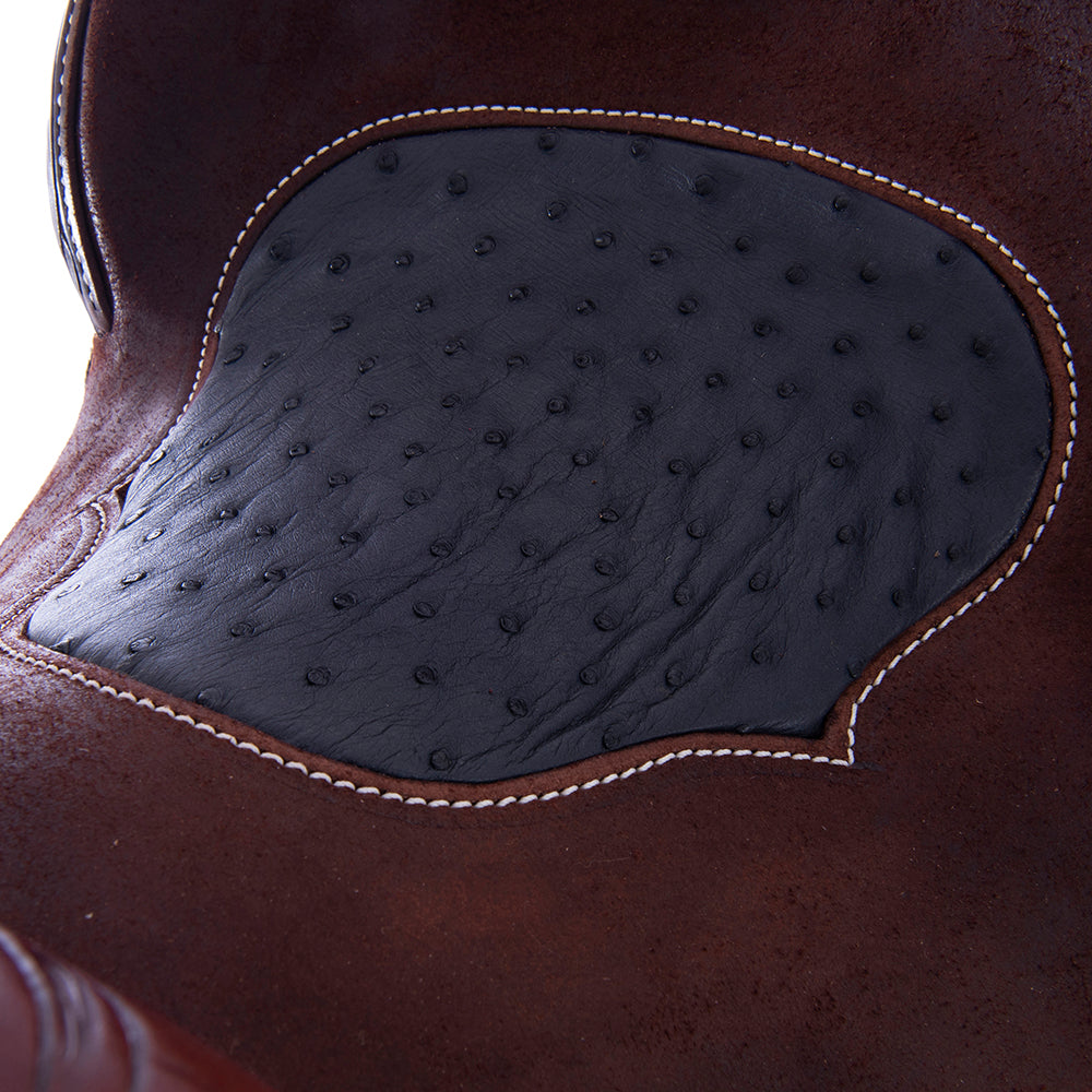 Barrel Saddle - Chocolate Leather, Smooth/Roughout, Round Skirt, 1/8 D Daisy, White Buckstitch Skirts, Cheyenne, Navy Ostrich Inlay