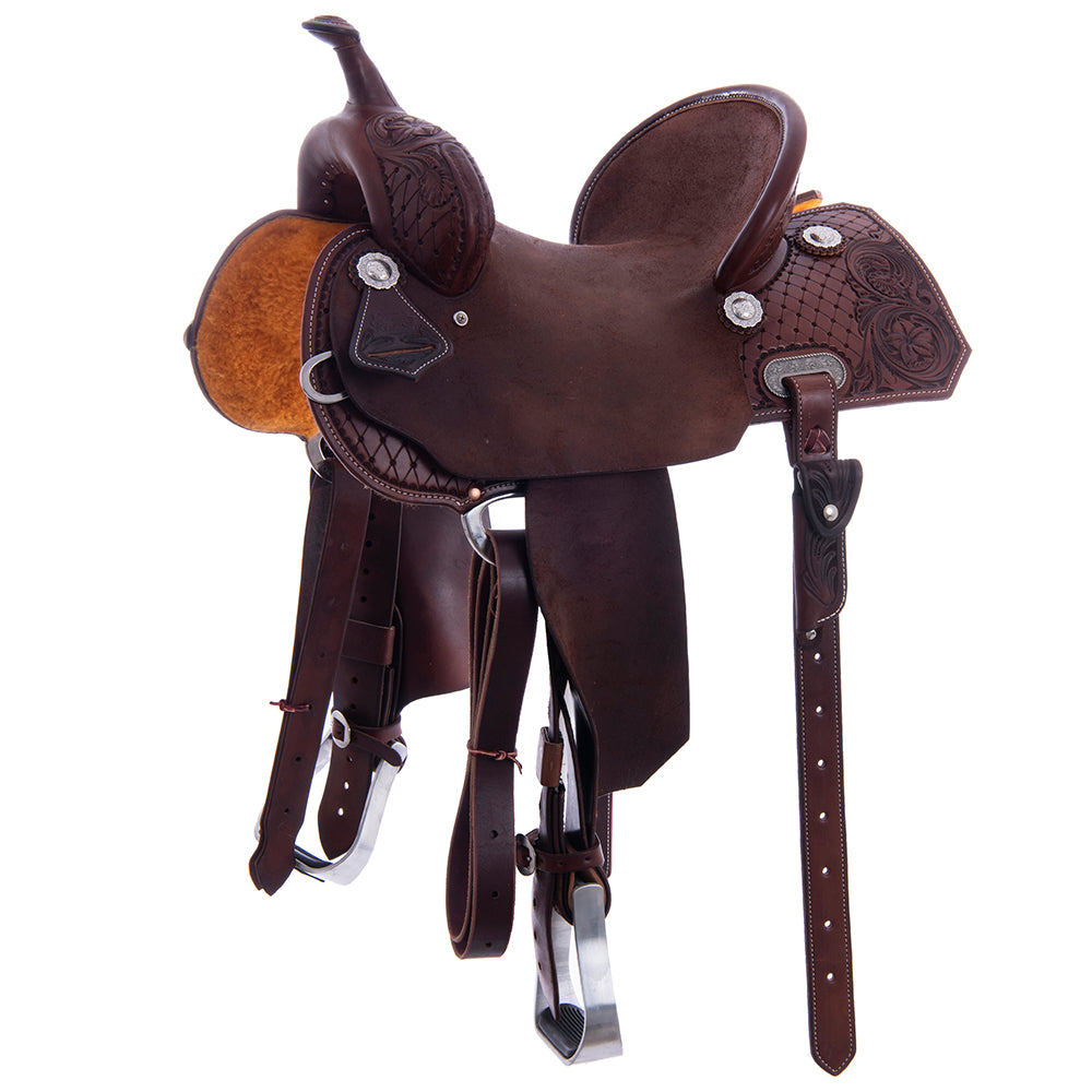 1/2 Chocolate SO/RO Barrel Saddle- Notched- 1/2 Old World D Daisy- Standard- Hard Seat