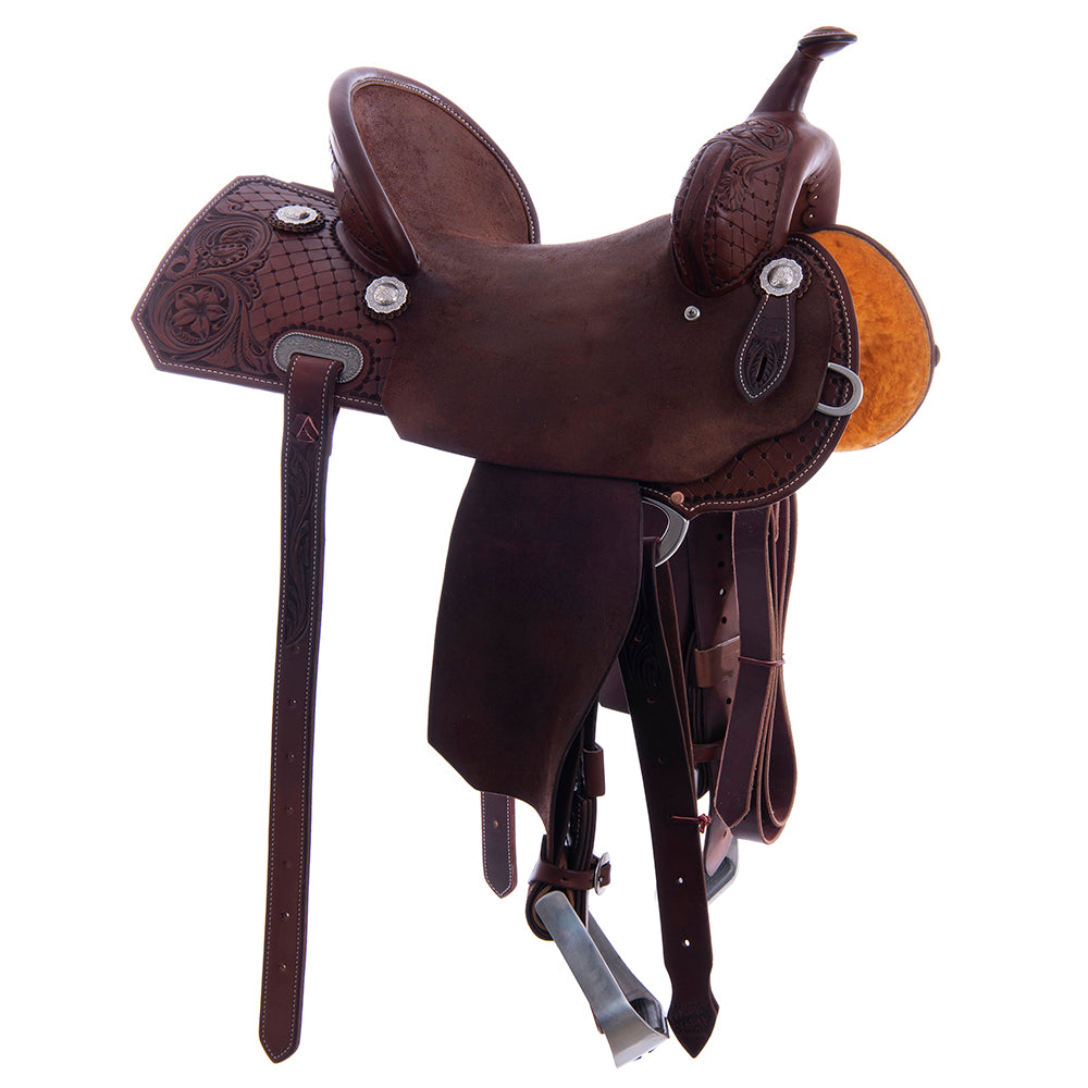 1/2 Chocolate SO/RO Barrel Saddle- Notched- 1/2 Old World D Daisy- Standard- Hard Seat