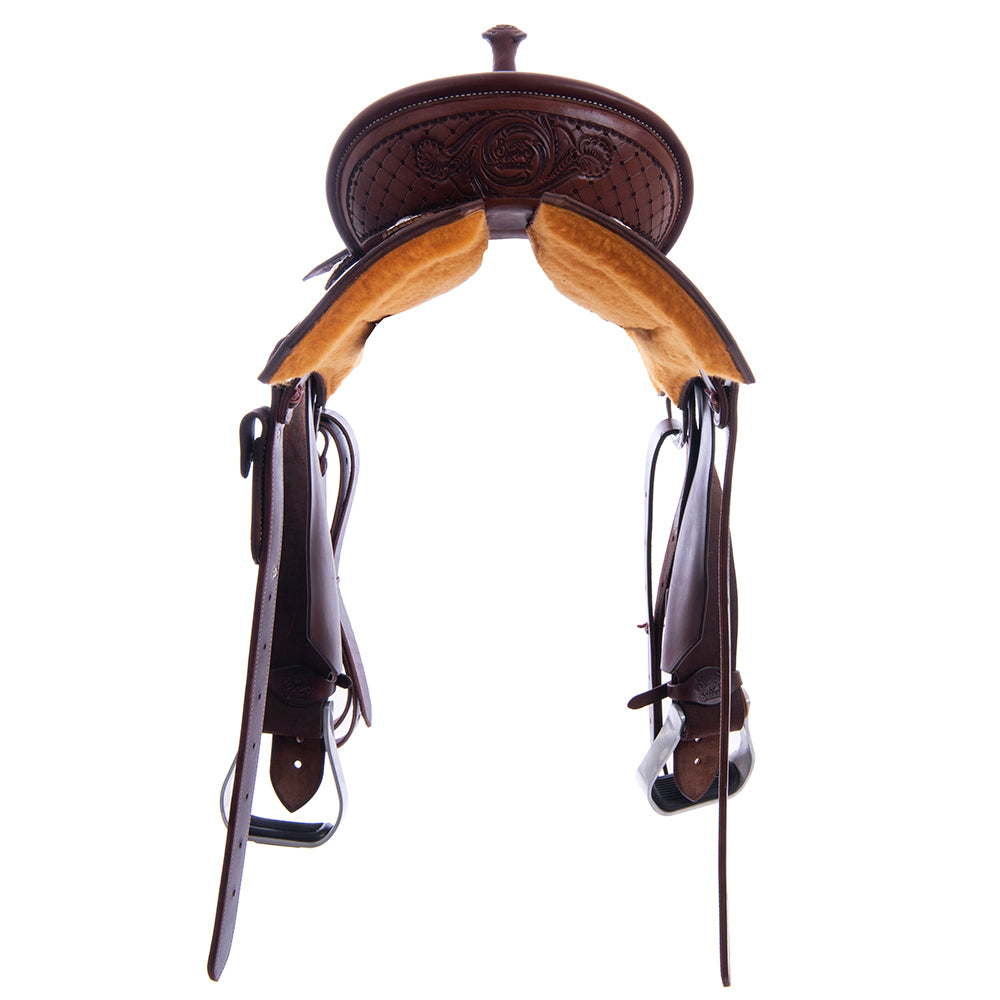 1/2 Chocolate SO/RO Barrel Saddle- Notched- 1/2 Old World D Daisy- Standard- Hard Seat