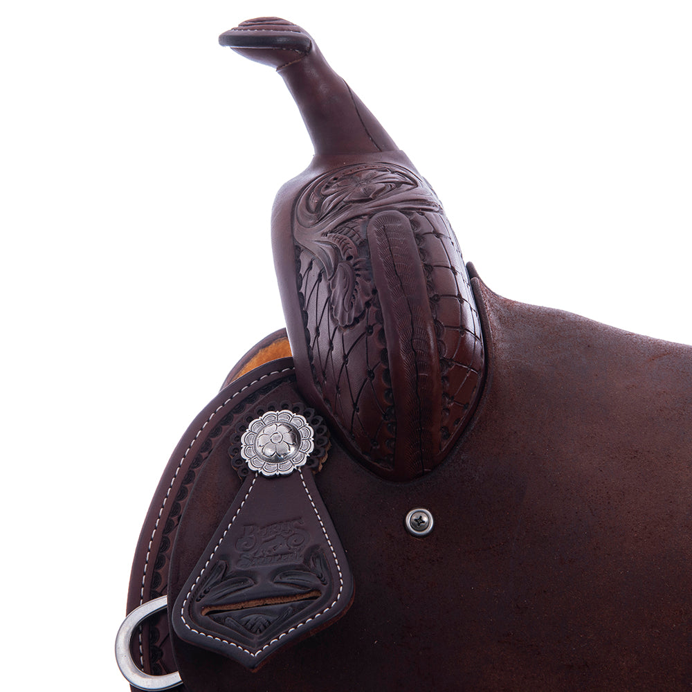 1/2 Chocolate SO/RO Barrel Saddle- Notched- 1/2 Old World D Daisy- Standard- Hard Seat