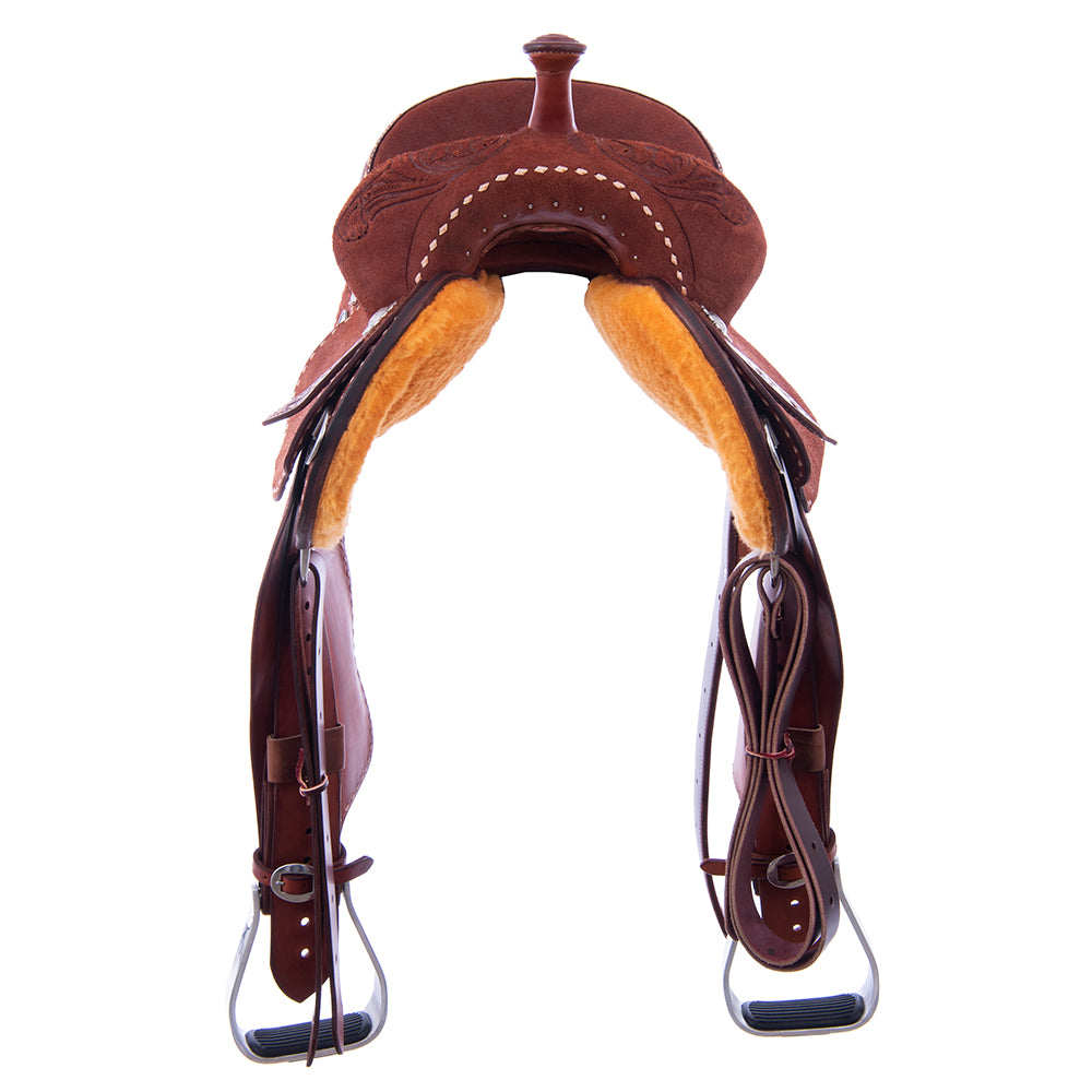 Barrel Saddle – Chestnut Roughout, Round Skirt, 1/2 D. Daisy Tooling, Tooled Seat Inlay, Natural Buckstitch, Cheyenne Roll