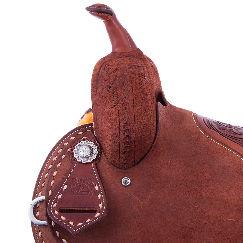 Barrel Saddle – Chestnut Roughout, Round Skirt, 1/2 D. Daisy Tooling, Tooled Seat Inlay, Natural Buckstitch, Cheyenne Roll