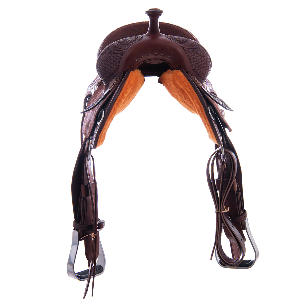 Barrel Saddle – Chocolate Smooth/Roughout, Semi-Square Skirt, 1/2 Basket Wyo Flower Tooling, Hard Seat