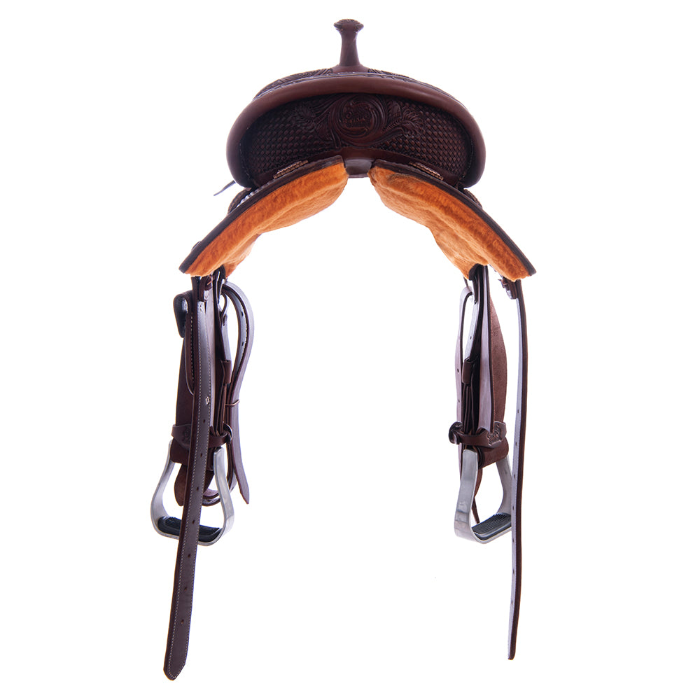 Barrel Saddle – Chocolate Smooth/Roughout, Semi-Square Skirt, 1/2 Basket Wyo Flower Tooling, Hard Seat