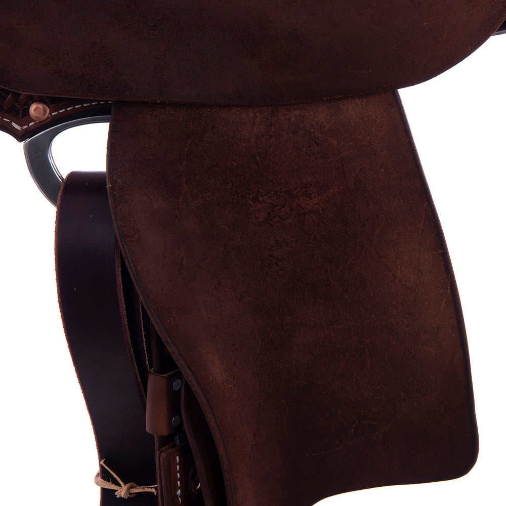Barrel Saddle – Chocolate Smooth/Roughout, Semi-Square Skirt, 1/2 Basket Wyo Flower Tooling, Hard Seat