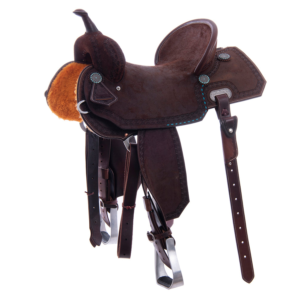 Barrel Saddle – Chocolate Roughout, Notched Skirt, Deeter Border, Turquoise Buckstitch Jockey, Pencil Roll, Hard Seat