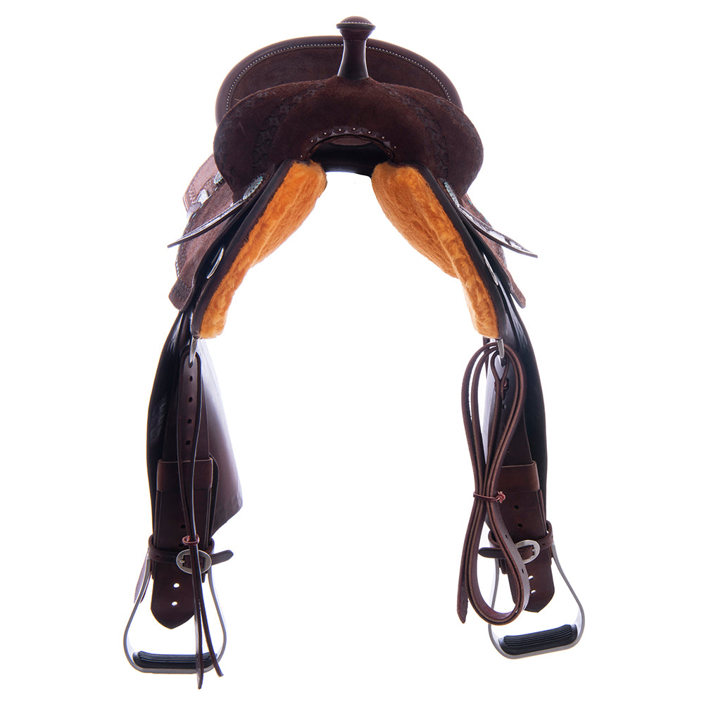 Barrel Saddle – Chocolate Roughout, Notched Skirt, Deeter Border, Turquoise Buckstitch Jockey, Pencil Roll, Hard Seat