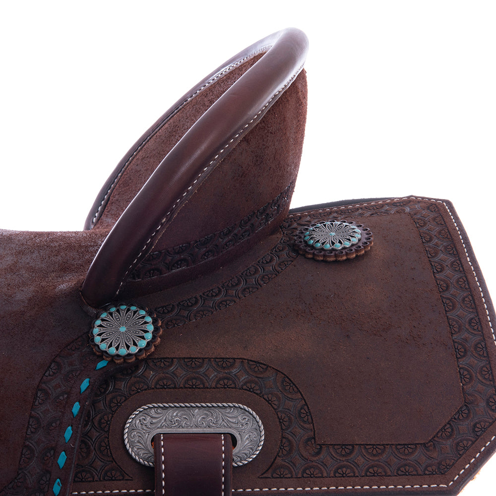 Barrel Saddle – Chocolate Roughout, Notched Skirt, Deeter Border, Turquoise Buckstitch Jockey, Pencil Roll, Hard Seat