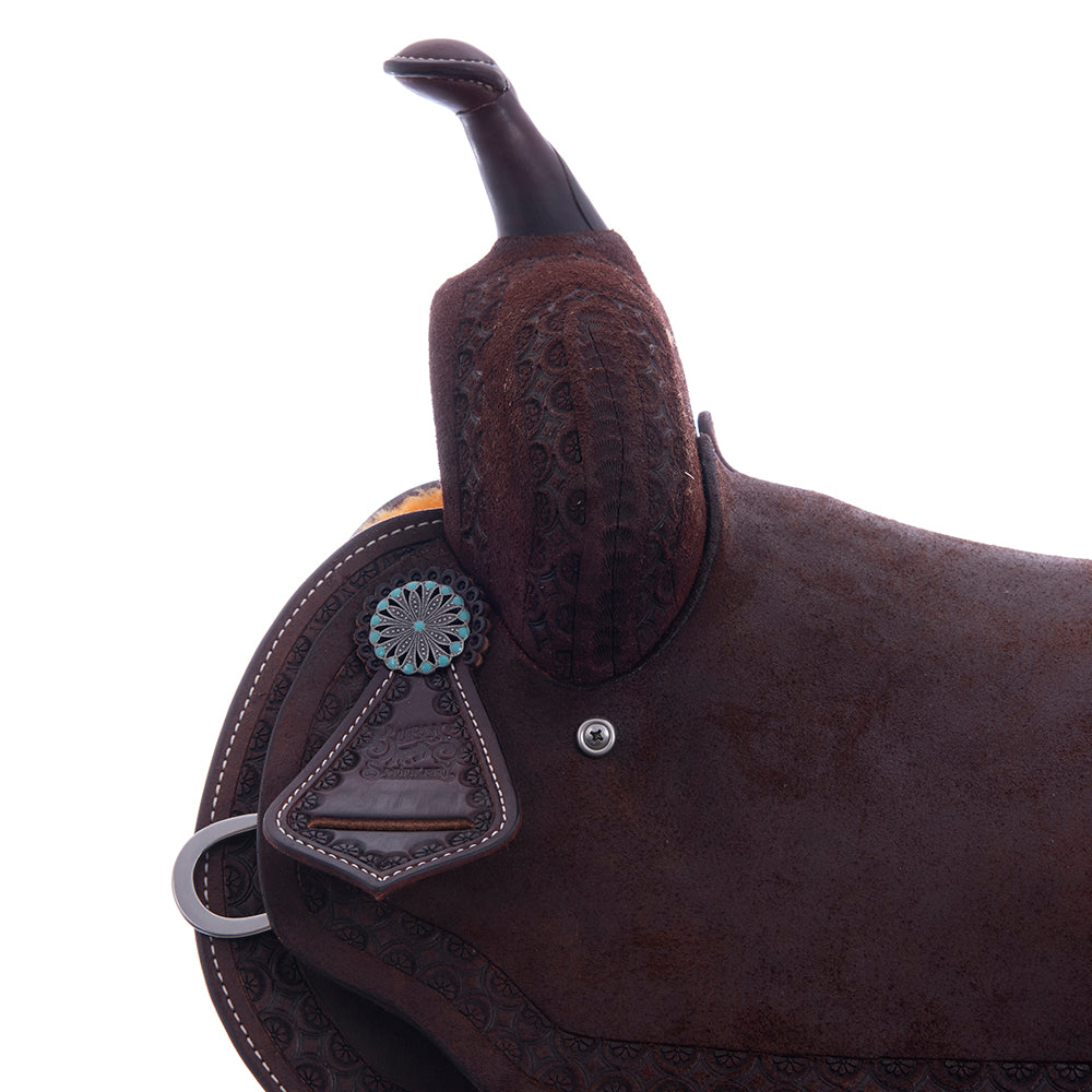 Barrel Saddle – Chocolate Roughout, Notched Skirt, Deeter Border, Turquoise Buckstitch Jockey, Pencil Roll, Hard Seat