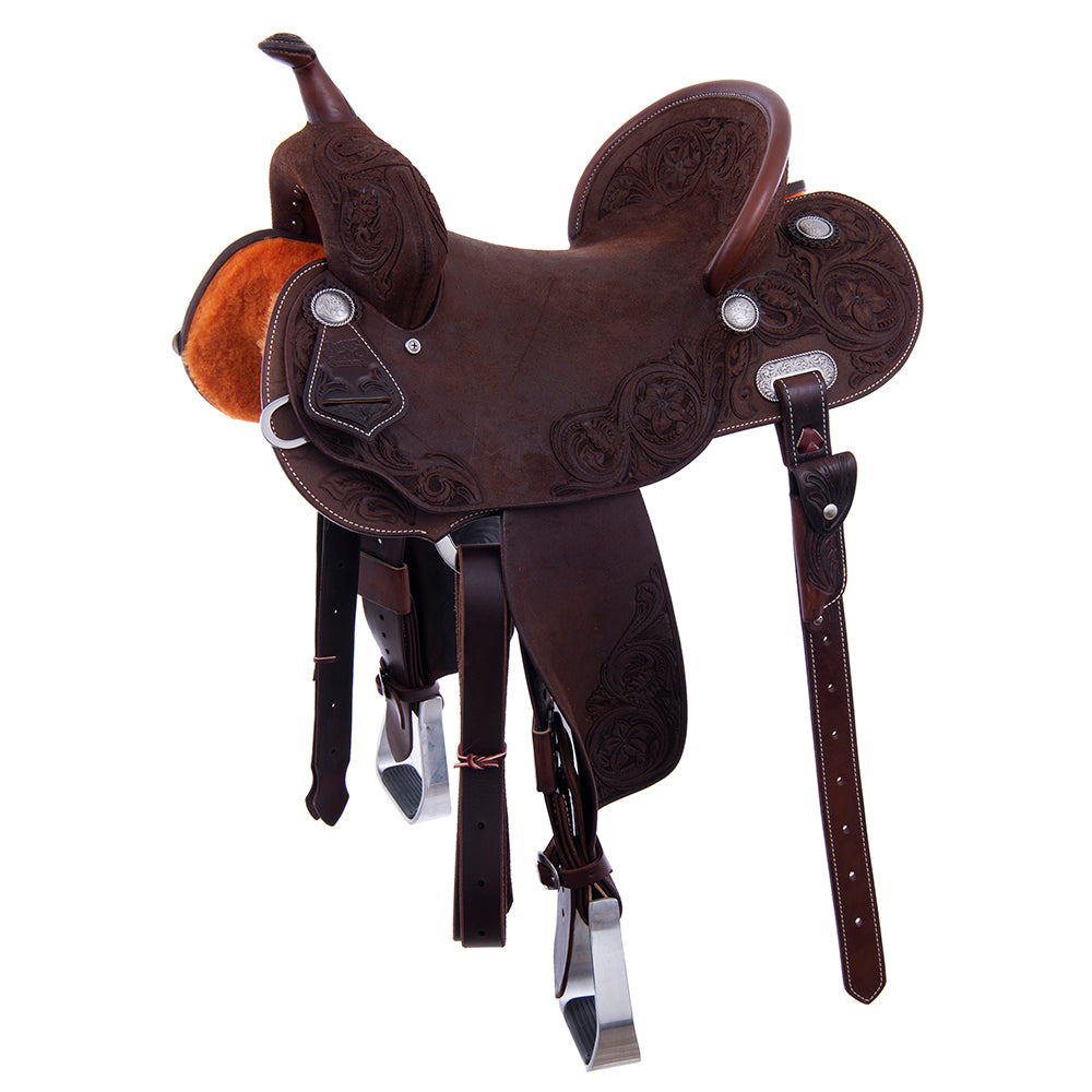 Barrel Saddle – Chocolate Roughout, Round Skirt, 3/4 D. Daisy Tooling, Pencil Roll, Tooled D. Daisy Dish