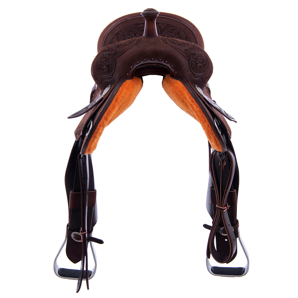 Barrel Saddle – Chocolate Roughout, Round Skirt, 3/4 D. Daisy Tooling, Pencil Roll, Tooled D. Daisy Dish