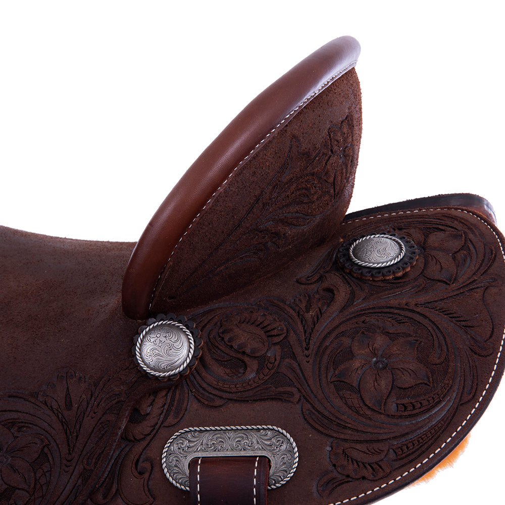 Barrel Saddle – Chocolate Roughout, Round Skirt, 3/4 D. Daisy Tooling, Pencil Roll, Tooled D. Daisy Dish