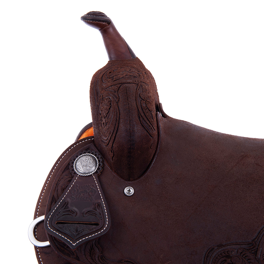 Barrel Saddle – Chocolate Roughout, Round Skirt, 3/4 D. Daisy Tooling, Pencil Roll, Tooled D. Daisy Dish