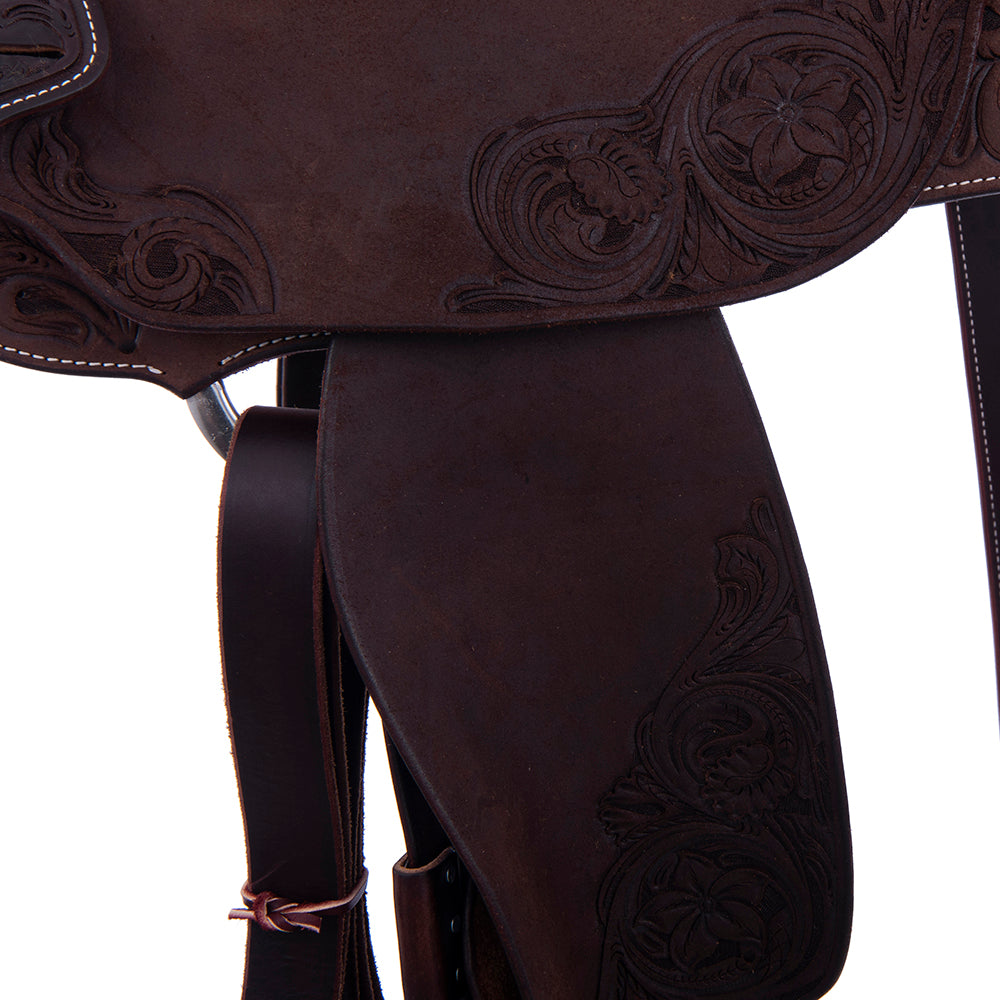 Barrel Saddle – Chocolate Roughout, Round Skirt, 3/4 D. Daisy Tooling, Pencil Roll, Tooled D. Daisy Dish