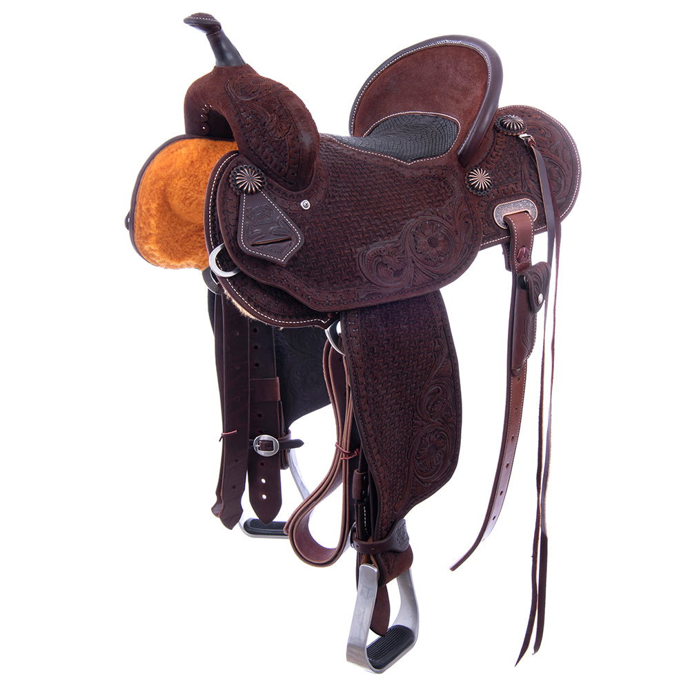 Barrel Saddle – Chocolate Roughout, Round Skirt, Full Axe/MW Floral Tooling, Fancy Snake Border, Black Python Seat Inlay