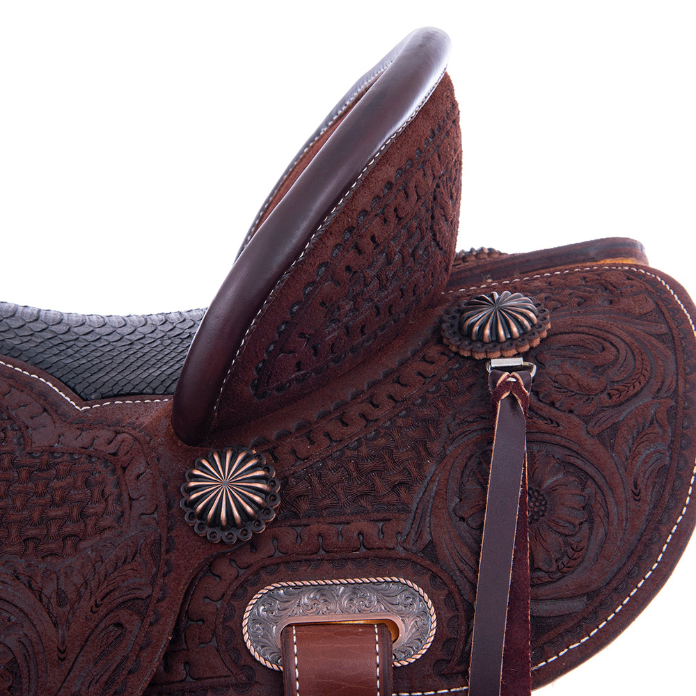 Barrel Saddle – Chocolate Roughout, Round Skirt, Full Axe/MW Floral Tooling, Fancy Snake Border, Black Python Seat Inlay