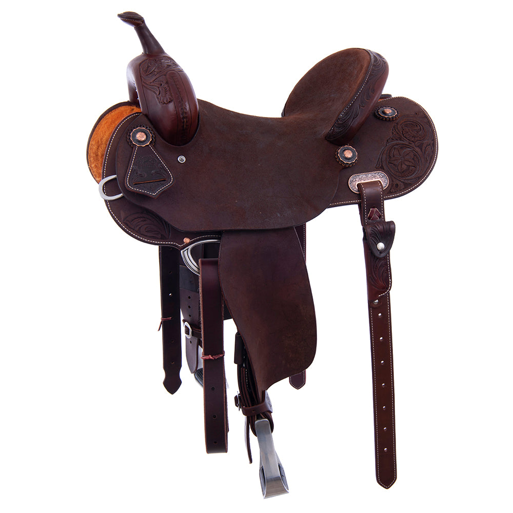 Barrel Saddle – Chocolate Leather, 1/8 Smooth & 7/8 Roughout, Round Skirt, 1/2 D. Daisy Corner Tooling, Cheyenne Roll