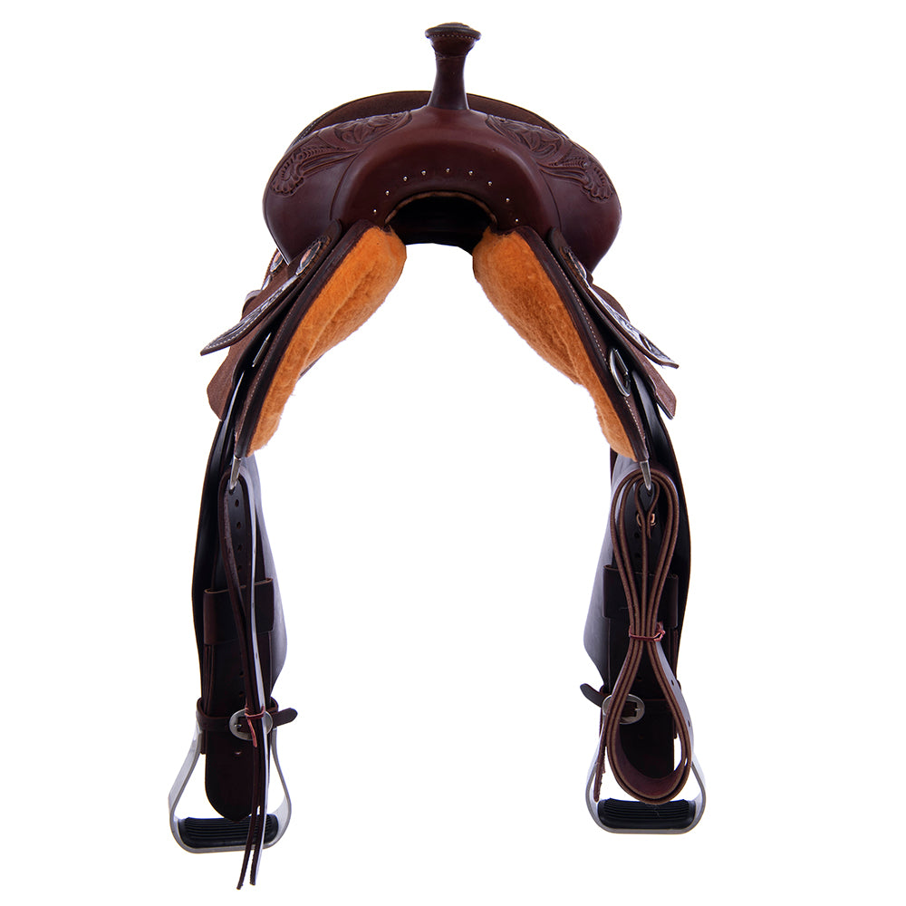 Barrel Saddle – Chocolate Leather, 1/8 Smooth & 7/8 Roughout, Round Skirt, 1/2 D. Daisy Corner Tooling, Cheyenne Roll