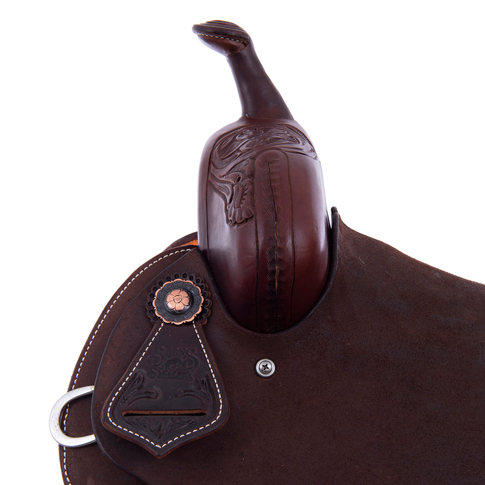 Barrel Saddle – Chocolate Leather, 1/8 Smooth & 7/8 Roughout, Round Skirt, 1/2 D. Daisy Corner Tooling, Cheyenne Roll