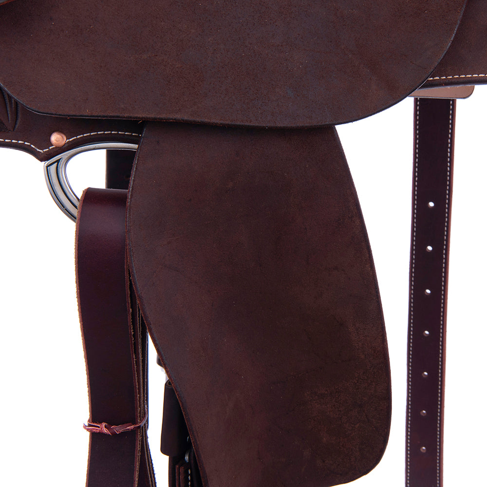 Barrel Saddle – Chocolate Leather, 1/8 Smooth & 7/8 Roughout, Round Skirt, 1/2 D. Daisy Corner Tooling, Cheyenne Roll