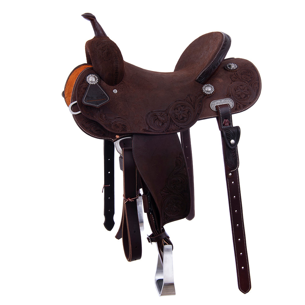 Barrel Saddle – Chocolate Roughout, Round Skirt, D. Daisy Floral Corner Tooling, Cheyenne Roll