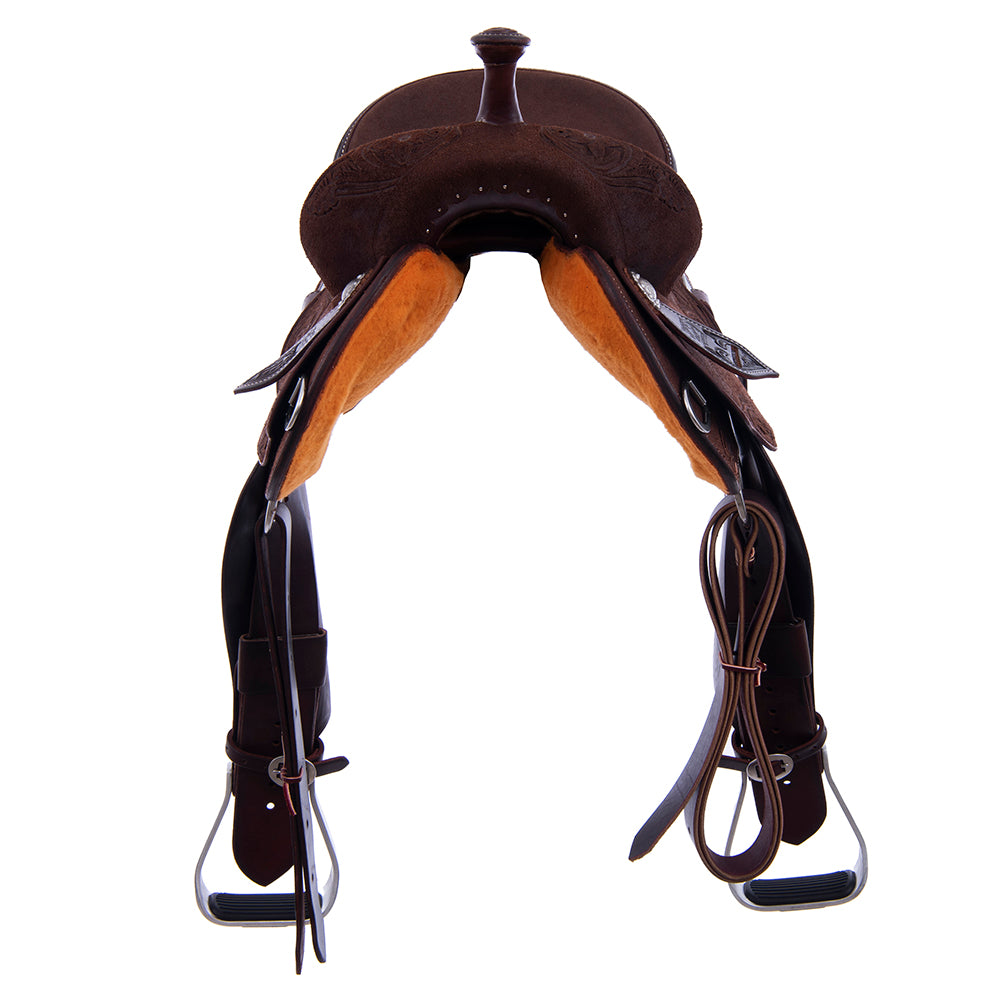 Barrel Saddle – Chocolate Roughout, Round Skirt, D. Daisy Floral Corner Tooling, Cheyenne Roll