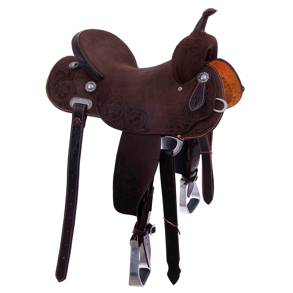 Barrel Saddle – Chocolate Roughout, Round Skirt, D. Daisy Floral Corner Tooling, Cheyenne Roll