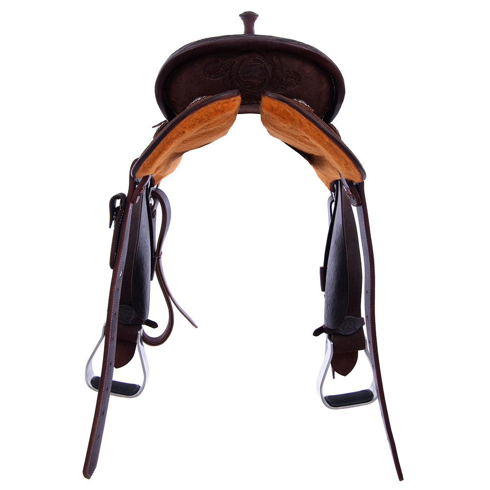 Barrel Saddle – Chocolate Roughout, Round Skirt, D. Daisy Floral Corner Tooling, Cheyenne Roll