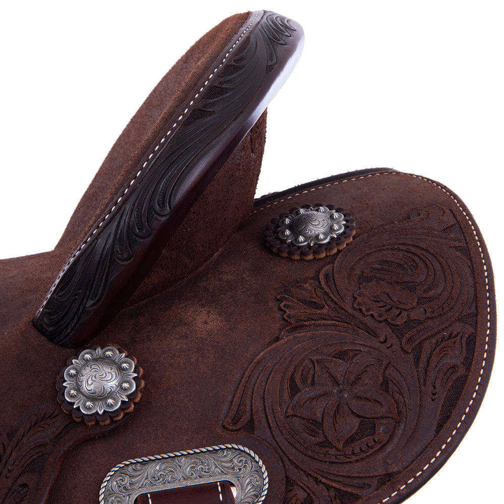 Barrel Saddle – Chocolate Roughout, Round Skirt, D. Daisy Floral Corner Tooling, Cheyenne Roll