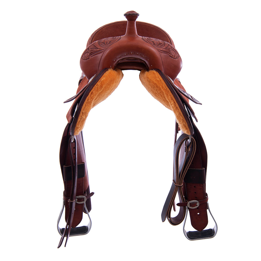 1/2 Chestnut SO/RO Barrel Saddle- Notched- 1/2 D Daisy FC- Cheyenne- Black Suede Inlay