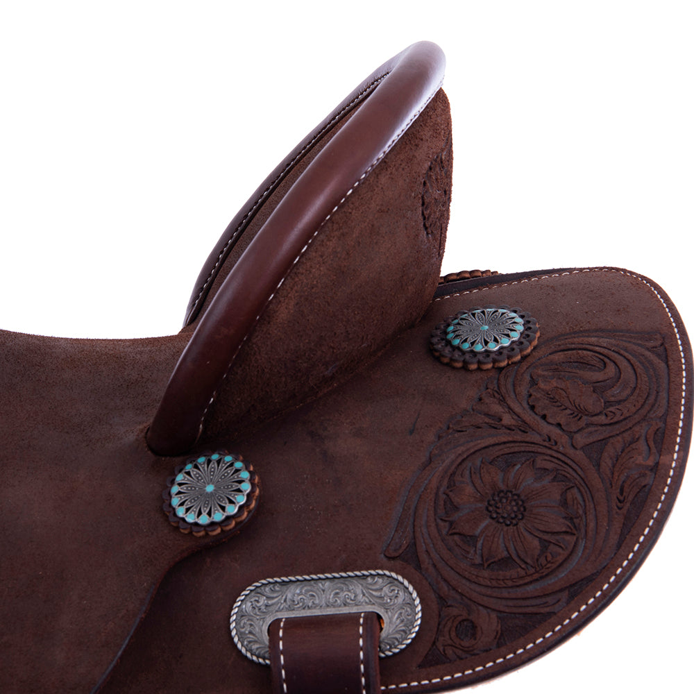 Barrel Saddle - Chocolate Leather, Roughout, Round Skirt, 1/2 Sunny D Tooling, Pencil Roll Cantle