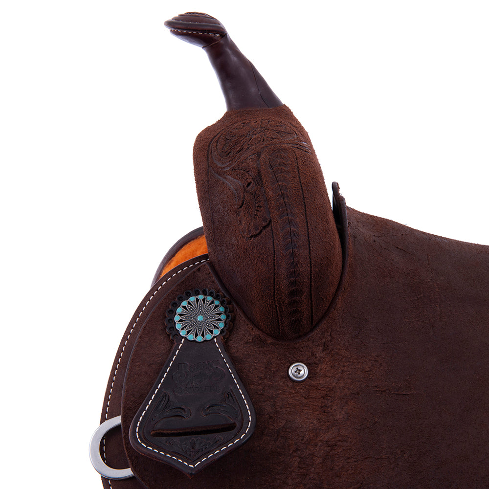 Barrel Saddle - Chocolate Leather, Roughout, Round Skirt, 1/2 Sunny D Tooling, Pencil Roll Cantle
