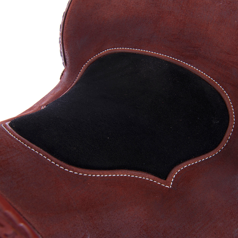 Barrel Saddle – Chestnut Smoothout/Roughout, Round Skirt, San Carlos Border, Black Suede Inlay