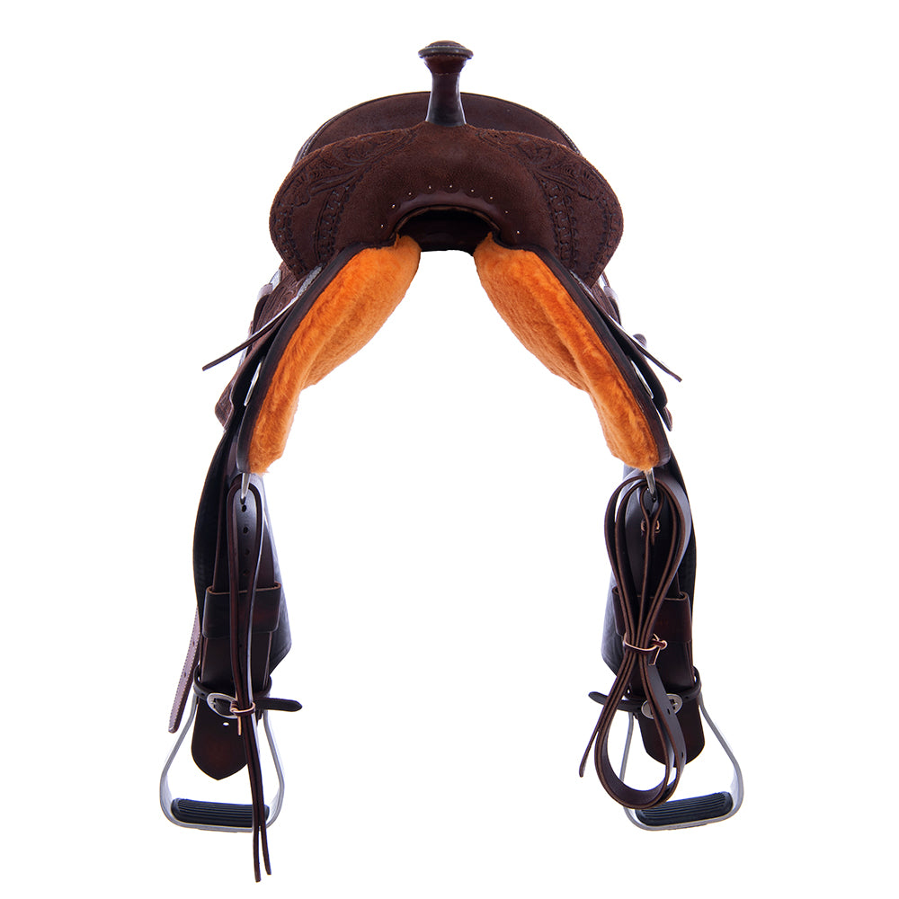 Chocolate Roughout Barrel Saddle- Round Deluxe Snake w/ D Daisy Cheyenne Navy Suede Inlay