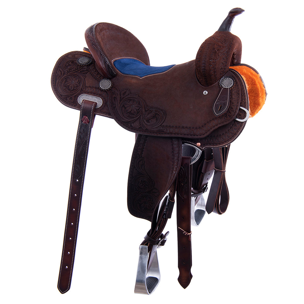 Chocolate Roughout Barrel Saddle- Round Deluxe Snake w/ D Daisy Cheyenne Navy Suede Inlay