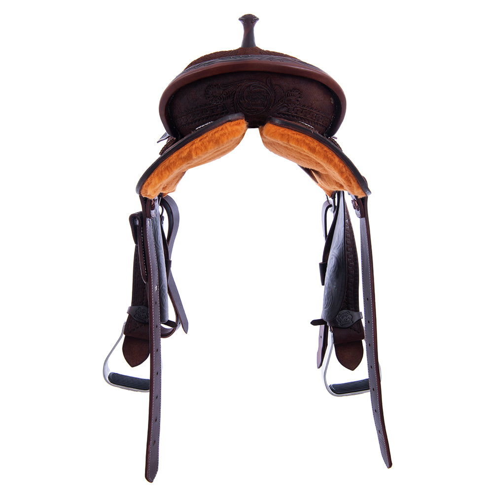 Chocolate Roughout Barrel Saddle- Round Deluxe Snake w/ D Daisy Cheyenne Navy Suede Inlay