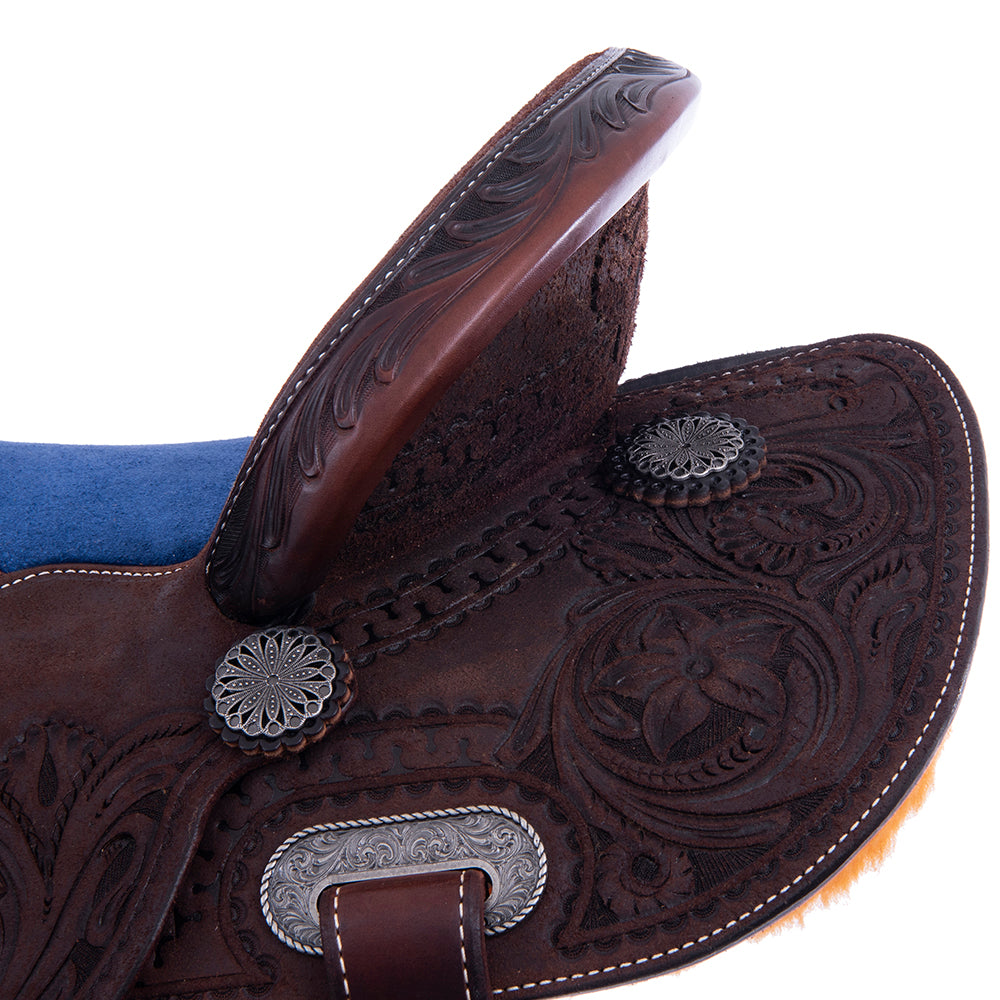 Chocolate Roughout Barrel Saddle- Round Deluxe Snake w/ D Daisy Cheyenne Navy Suede Inlay