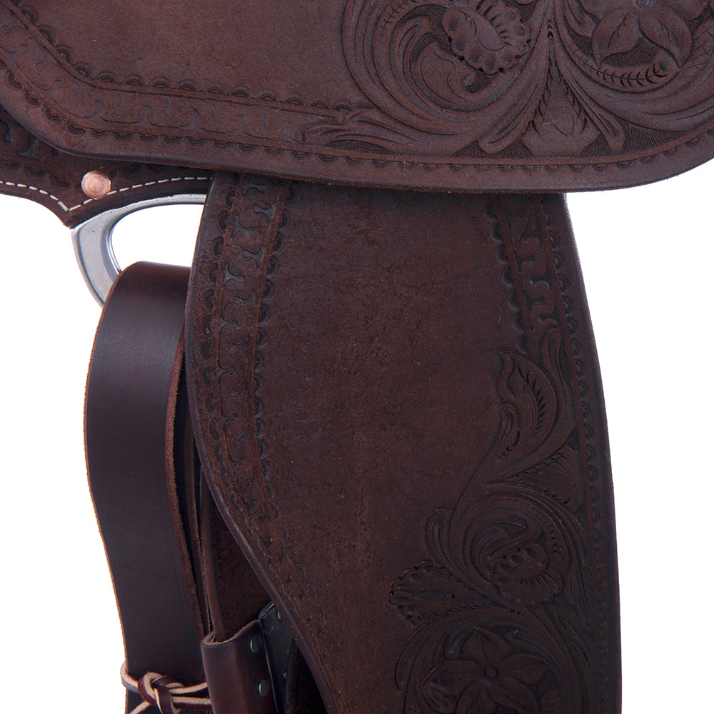 Chocolate Roughout Barrel Saddle- Round Deluxe Snake w/ D Daisy Cheyenne Navy Suede Inlay