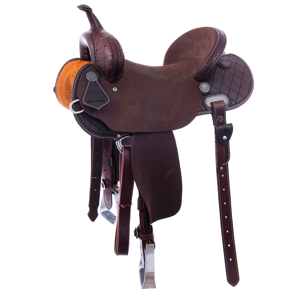 Barrel Saddle – Chocolate Leather, Smooth/Roughout, Round Skirt, 1/2 Quilt Tooling, Cheyenne