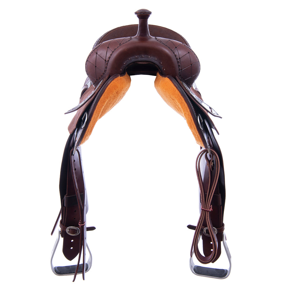 Barrel Saddle – Chocolate Leather, Smooth/Roughout, Round Skirt, 1/2 Quilt Tooling, Cheyenne