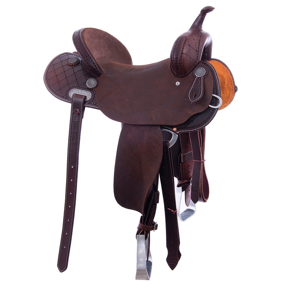 Barrel Saddle – Chocolate Leather, Smooth/Roughout, Round Skirt, 1/2 Quilt Tooling, Cheyenne